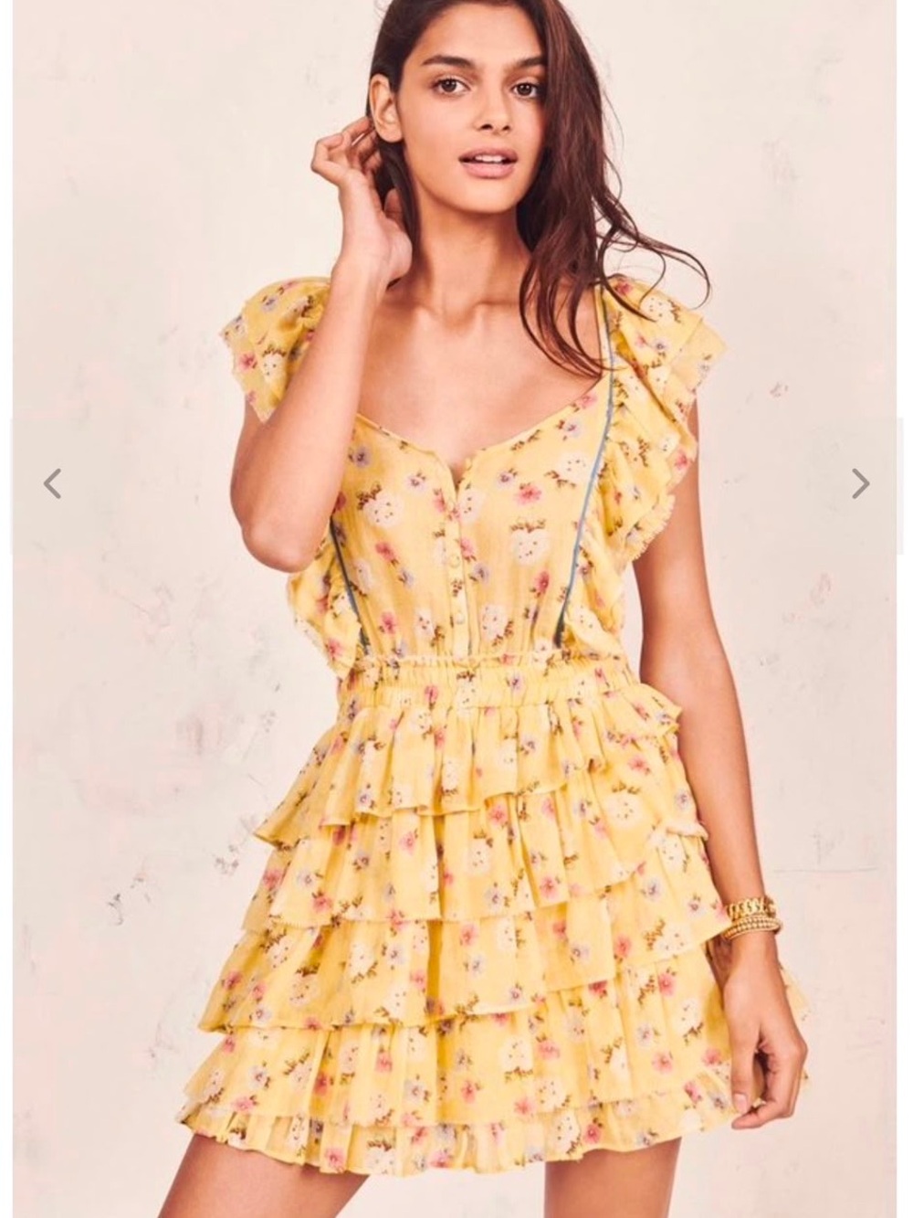 LoveShackFancy Yellow Floral Ruffle Tiered Mini Dress